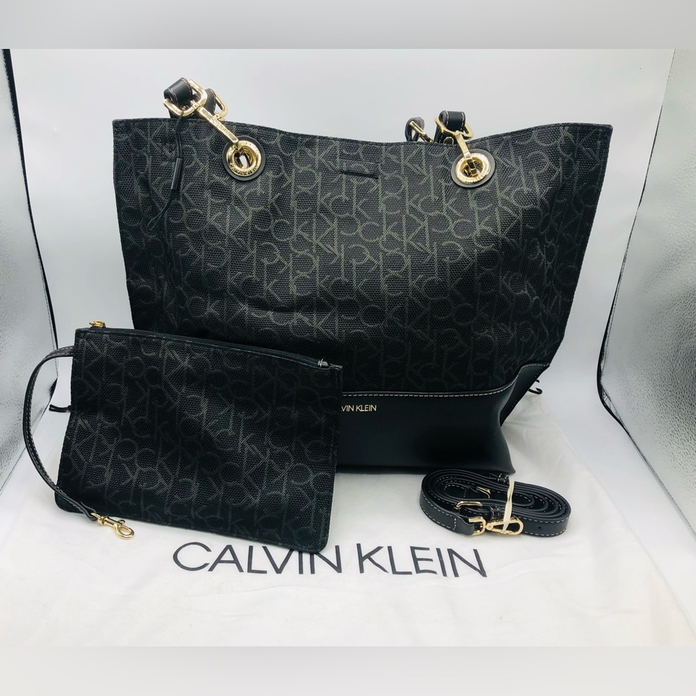 Calvin Klein Monogram Tote Bag Black Logo Canvas Leather Trim + Pouch Shoulder